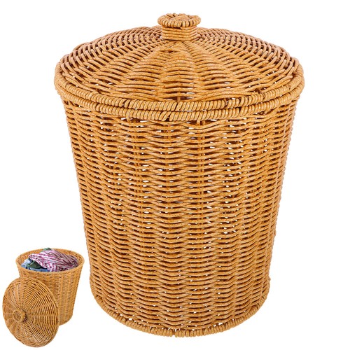 Large Wicker Waste Bins Laundry Basket Rattan with Lid Storage Trash