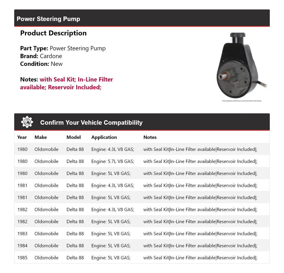 Bomba de direção hidráulica Cardone 1981 1982 1983 Oldsmobile Delta 88 1980-1985 - Imagem 2 de 4
