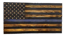 Rustic Handmade Burned Thin Blue Line American Wood Flag- Police First Responder
