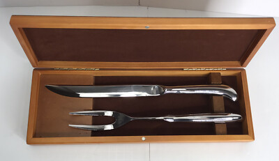 Stainless Steel Carving Knife and Fork Set By Chefmate With Wood Case.        h1