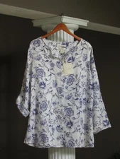CYNTHIA ROWLEY Blue White Floral 100% Linen Button Down Shirt Tunic Size 1X NWT 