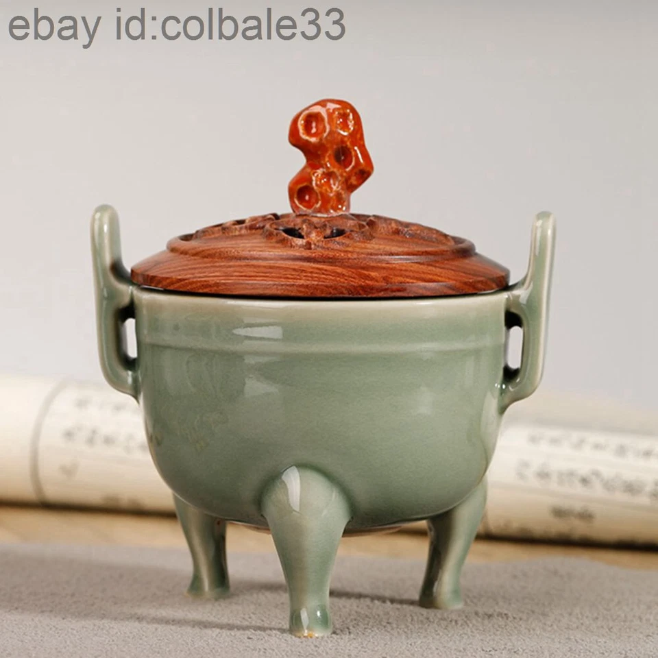 Quemador de incienso de cerámica chino tapa de madera Celadon incensario de tres patas Foto 2 de 4