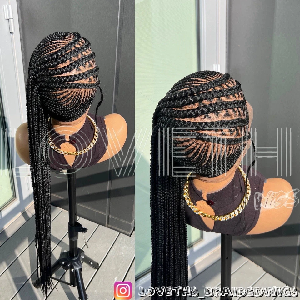 Se envía al día siguiente (ENVÍO 2 DÍAS) Peluca trenzada de encaje completo Cornrow, trenza negra sin nudos Foto 2 de 4