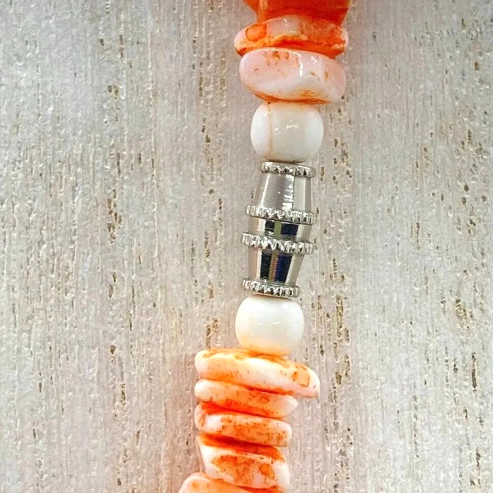 Orange White Shell Bead Chunky Statement Necklace… - image 7