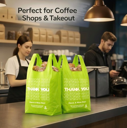 100 Large Green 'Thank You' T-Shirt Bags - Durable and Stylish for Retail - Foto 9 di 9
