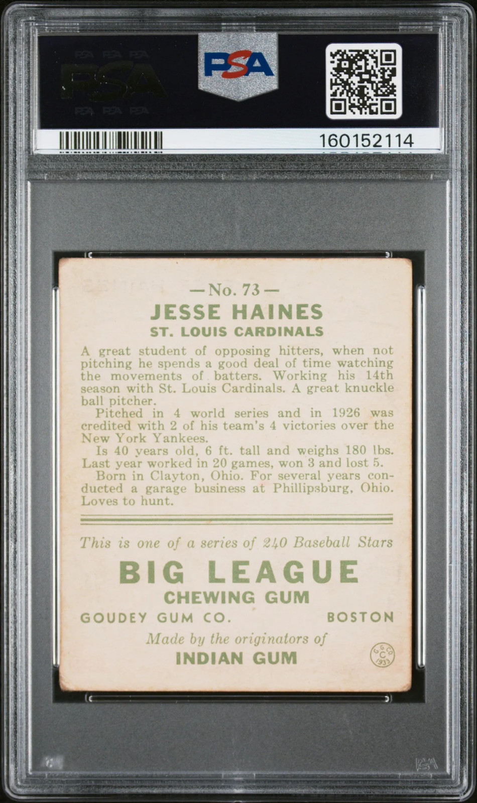 1933 Goudey #73 Jesse Haines PSA 1.5 (MK) FR view 2