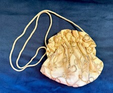 Ivory Gold Beaded Lace Drawstring Bridal Pouch Evening Bag Cord Strap