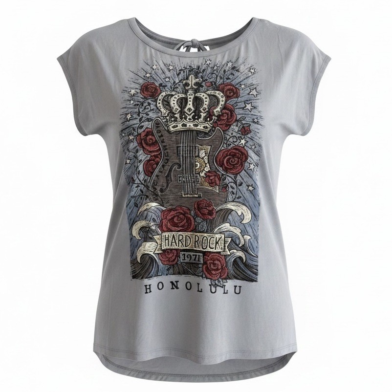 Hard Rock Cafe Honolulu Women’s Gray Crown Guitar Roses Short Sleeve Top Large