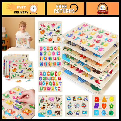 Wooden Peg Puzzle Set for Toddlers - 6 Pack Educational Toys for Ages 3-5, Alpha