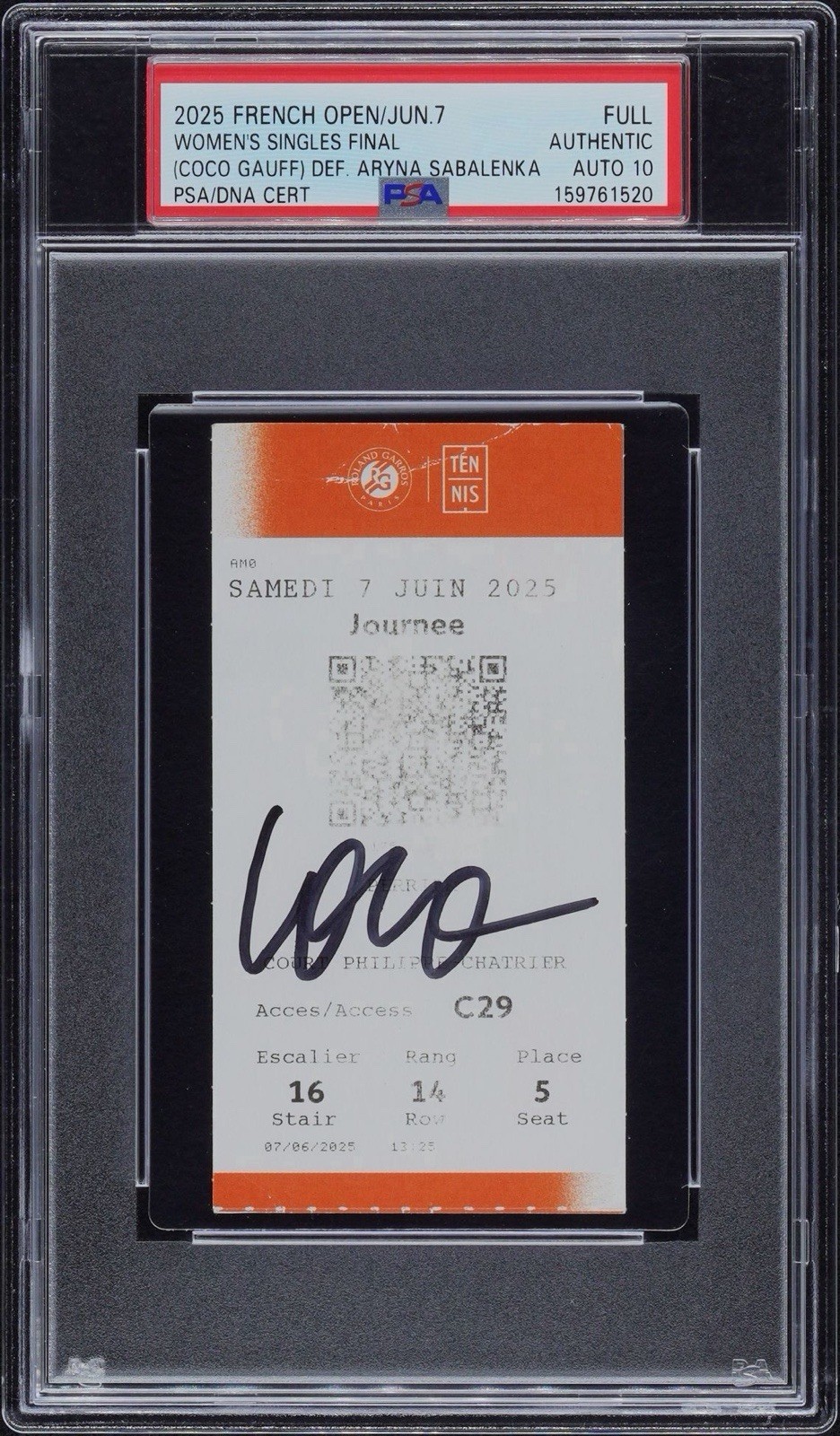 Coco Gauff Signed 2025 Roland Garros French Open Champion Ticket PSA 10 AUTO view 1