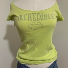 Vintage Harley Davidson fitted baby tee RARE lime green rhinestone Incredible M