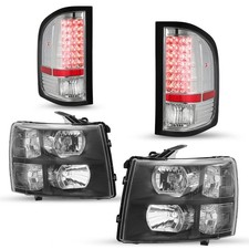 Headlight LED Tail Lights for 07-13 Silverado Black Clear Chrome Set with Bulbs