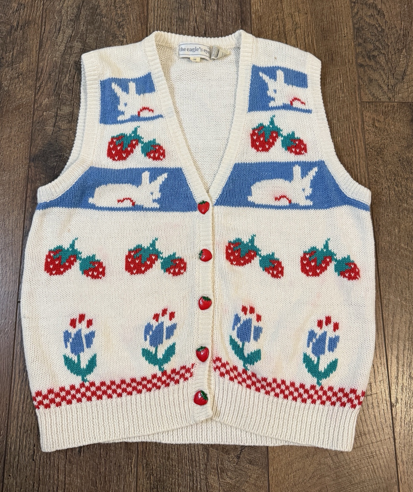 Vintage The Eagle’s Eye Bunny Floral Strawberry Buttons Vest Sweater Sz M