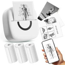 Cabaro Mini Thermal Sticker Printer w/ 3 Rolls Paper, Bluetooth Portable Photo