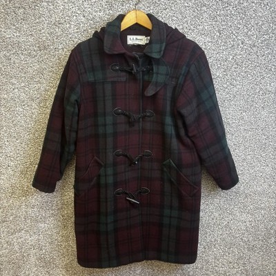 Vintage LL Bean Coat Womens 9 Plaid Wool Hooded Toggle Thinsulate Made USA 80s