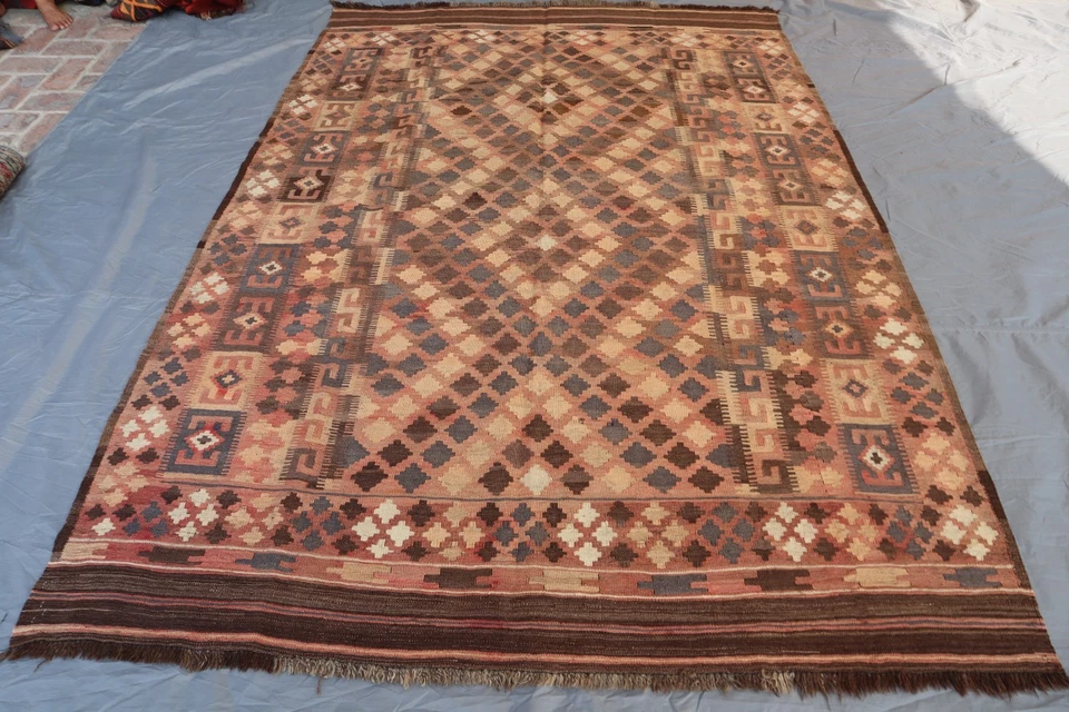 6x8 Afghan Kilim Area – Subtle Tribal Diamond Motifs in Terracotta, Brown & Rust - Image 2 of 4