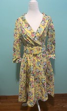 Lindy Bop 1950s Style Vintage Yellow Floral Knee Length Dress US 8