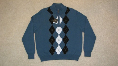 $80 PEBBLE BEACH 1/3 ZIP COTTON ARGYLE SWEATER - MEDIUM - NEWwTAGS - Picture 1 of 9