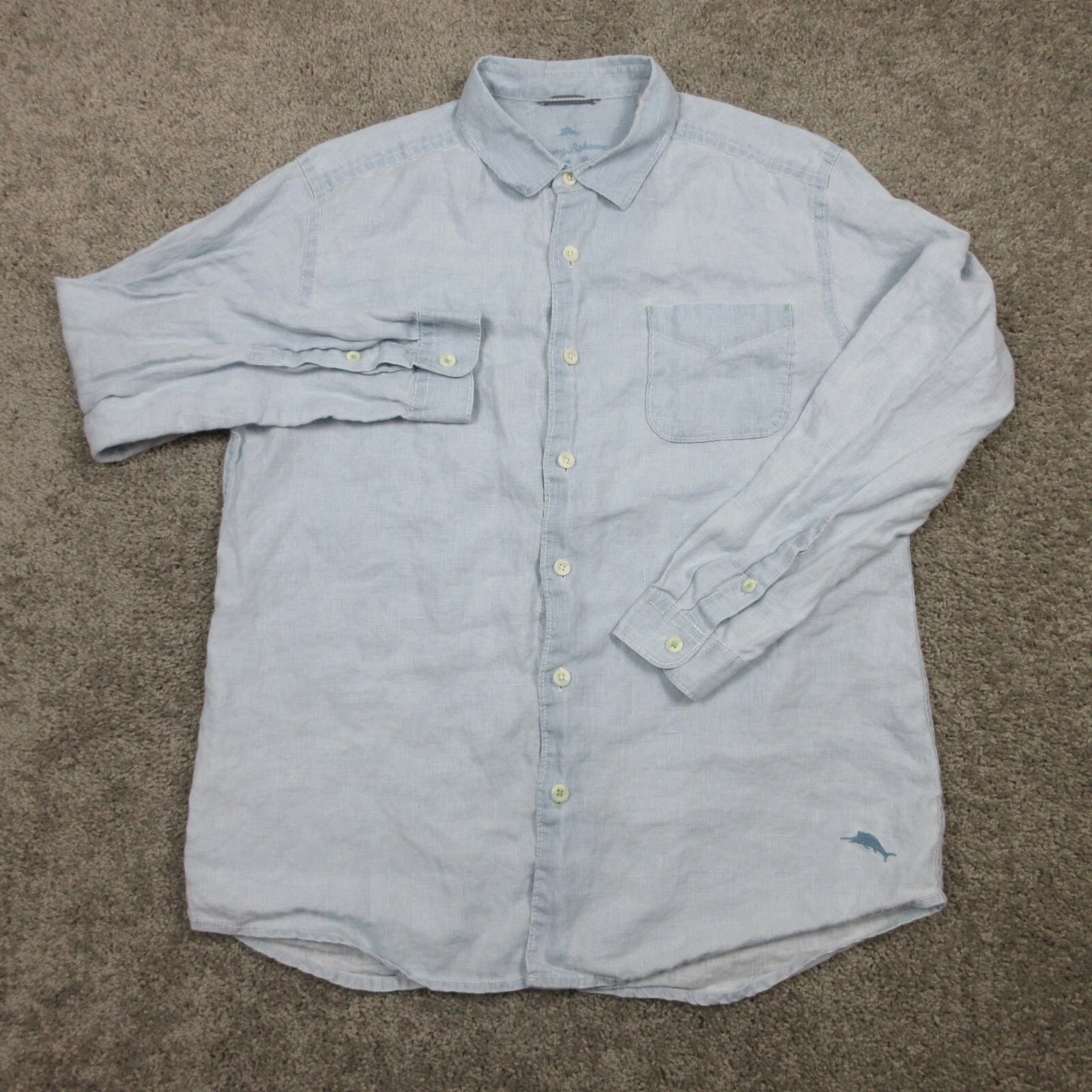 Tommy Bahama Shirt Mens Large Blue Relax 100% Linen Button Up Collared Beach