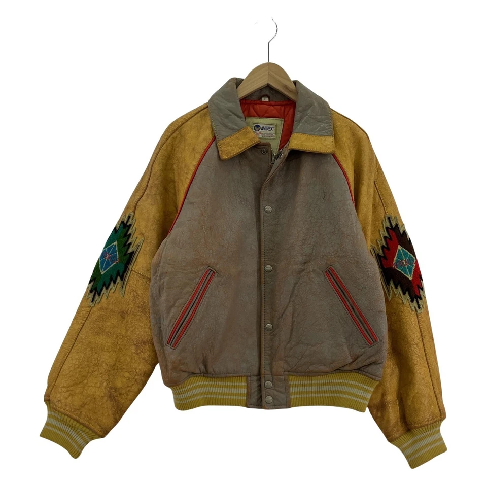 Avirex Leather Jacket Indian Chief Head Distressed Vintage Look S Yellow - Image 2 of 4