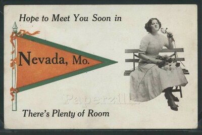 MO Nevada LITHO 1912 ORANGE & GREEN PENNANT GREETINGS Hope to Meet you Soon