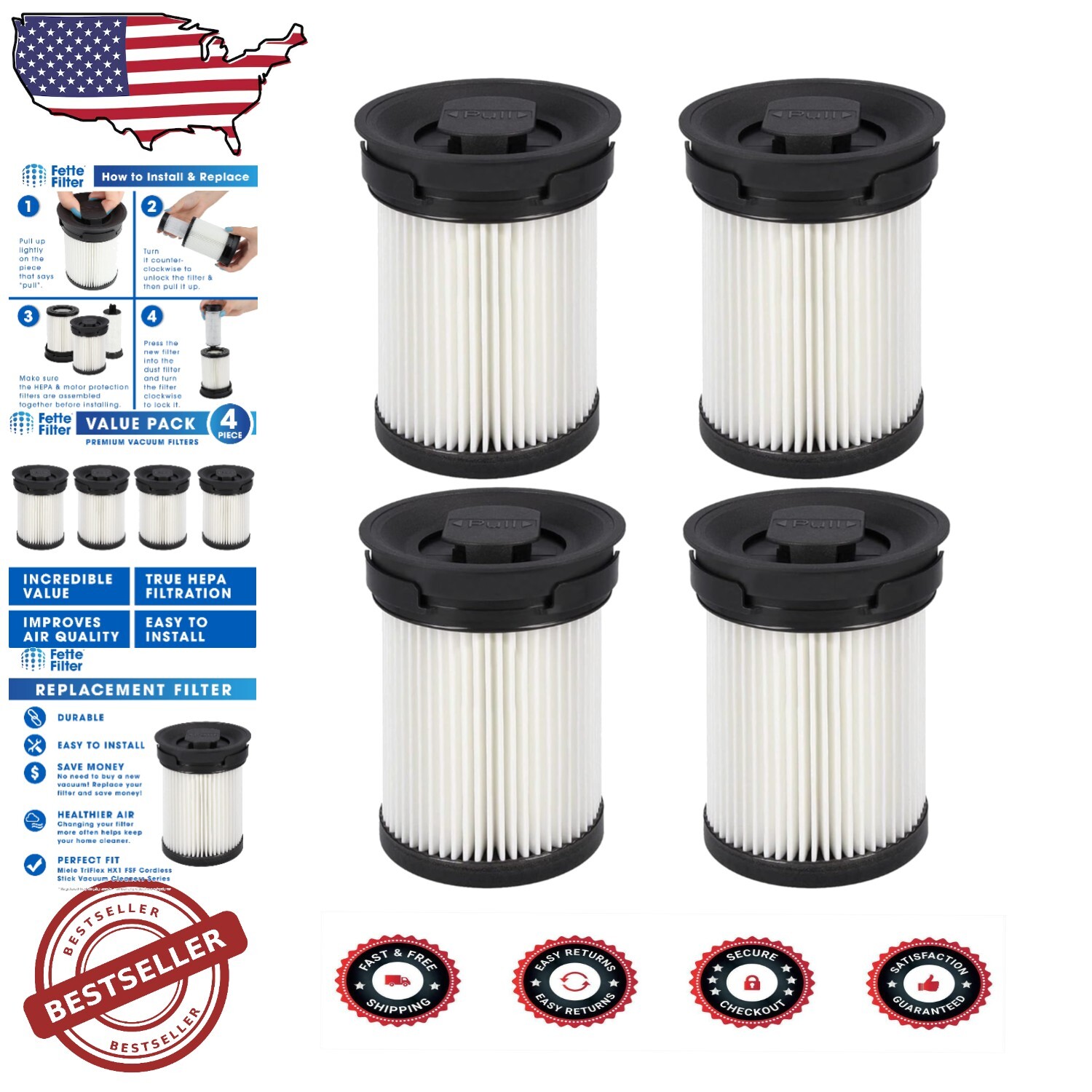 Compatible HEPA Filter Replacement - 4-Pack for Miele TriFlex HX1 Models