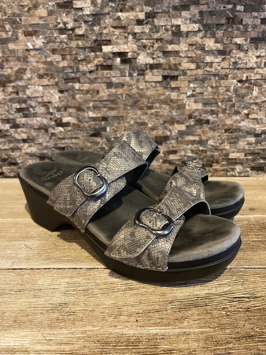 Dansko Sophie Gray Snake Two Strap Buckle Slide Sandals Shoe 41