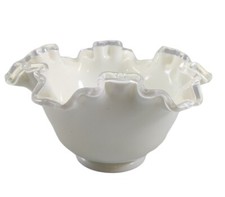 Vintage Fenton Silver Crest White Milk Glass Bowl Vase Ruffled Crimped Edge READ