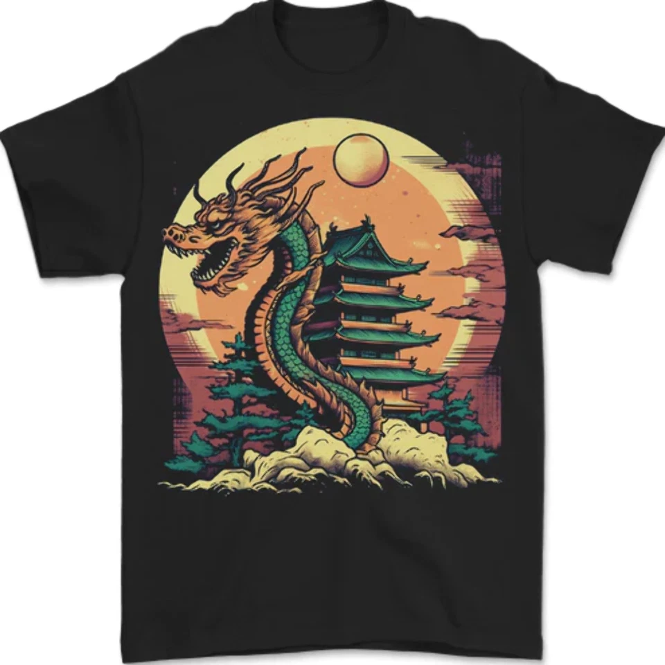Fantasie Drachen Pagoda Herren Maglietta 100% Baumwolle - Bild 1 von 1