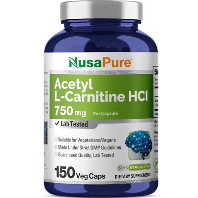 NusaPure Acetyl L-Carnitine 750mg Per Caps 150 Veggie Capsules Non-GMO Vegan