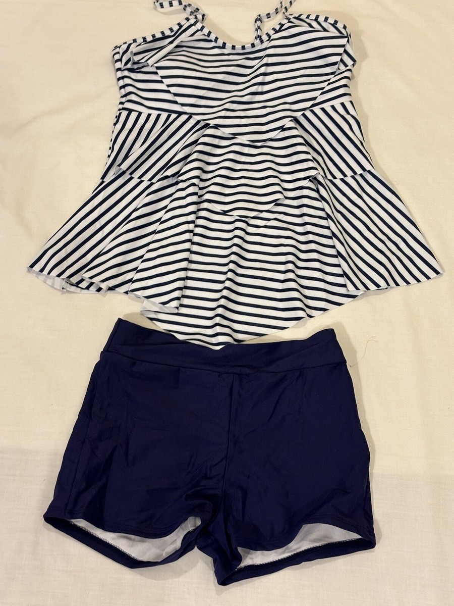 Holipick Tankini Blue Stripe With Boy Shorts Piece Swimsuit Size