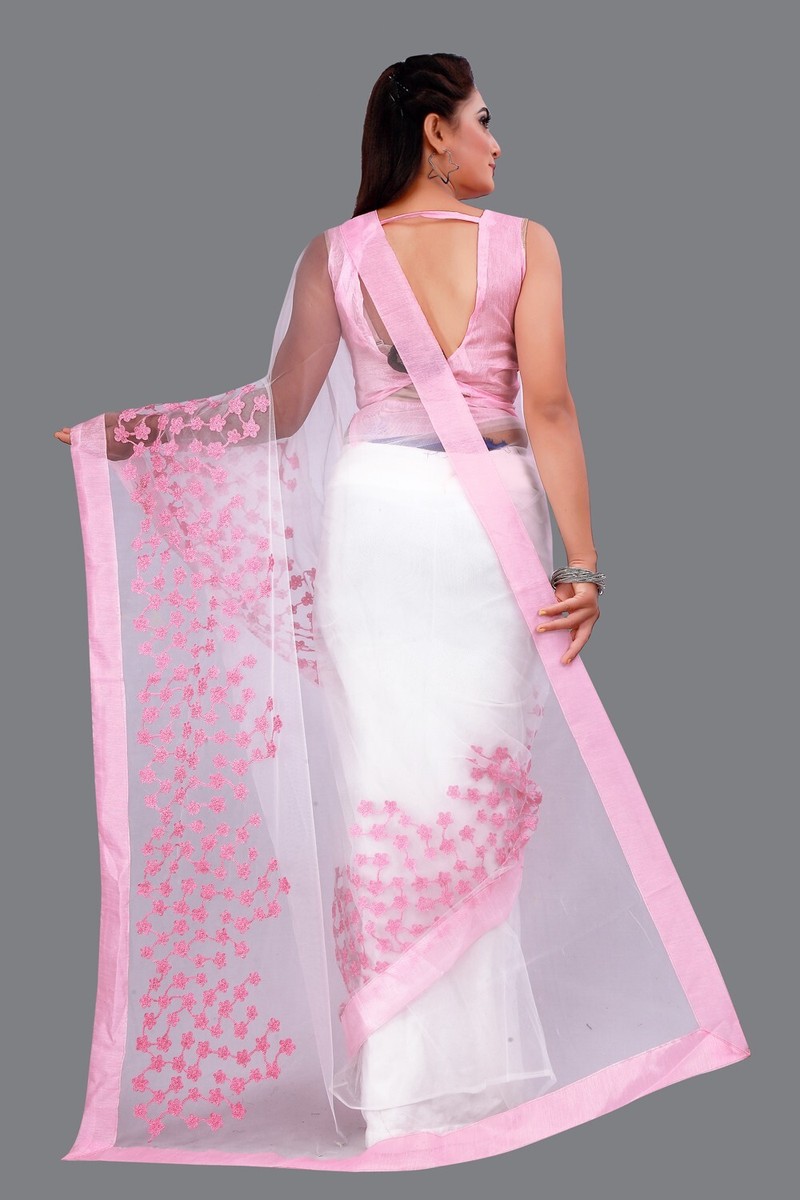 Designer Traditional And Wedding Wear New White-Pink Net Sari With