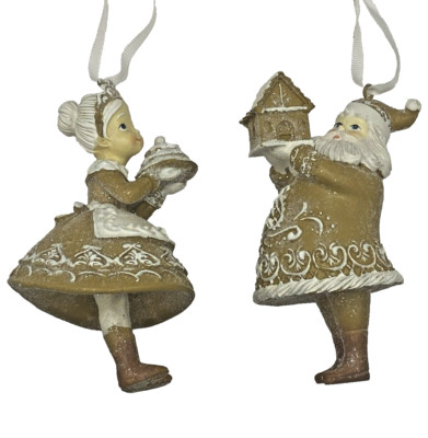 NEW SET OF 2 GINGERBREAD MR MRS SANTA CLAUS ORNAMENTS FREE SHIP