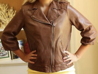 GAP Moto Brown Leather Jacket Women's Sz M 3/4 Sleeves City Grunge