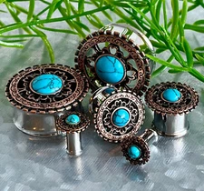 PAIR Bronze Plated Shield w/Turquoise Center Double Flare Steel Tunnels Plugs