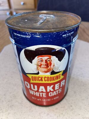VINTAGE NOS QUICK COOKING QUAKER WHITE OATS TIN 14.1oz Canister Snack Can #B