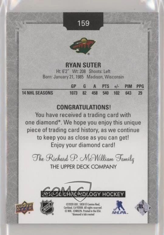 2019-20 Upper Deck Chronology Diamond Relic /36 Ryan Suter #159 - Image 2 of 2