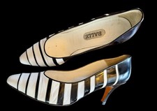 Vtg 90s BALLY Black White Stripe Italian Leather Pumps Sz 7.5 Low Heel Nautical