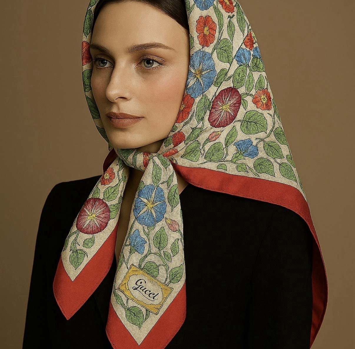 Vintage Gucci Silk Square Scarf Floral Multicolor Logo Accent for Women