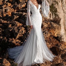 Mermaid Wedding Dress Sexy Deep V-neck Backless Applique Flare Sleeve Bride Gown