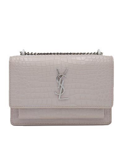 SAINT LAURENT YSL Sunset Borsa a tracolla piccola in pelle lucida goffrata coccodrillo colore nudo