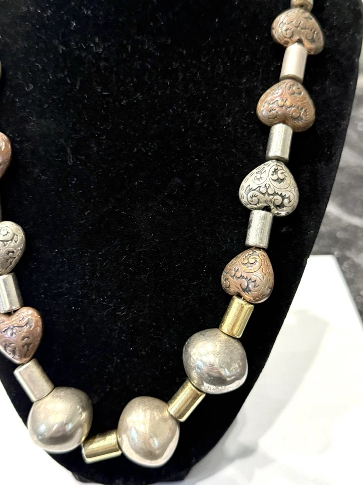 COLLAR VINTAGE BOHO CORAZÓN PLATILLO CILINDRO ALMOHADA DISCO CUENTAS COBRE PLATA 22' Foto 2 de 4