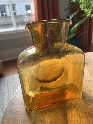 Blenko Amber Yellow Glass Double Spout Water Carafe Pitcher Vase Vintage