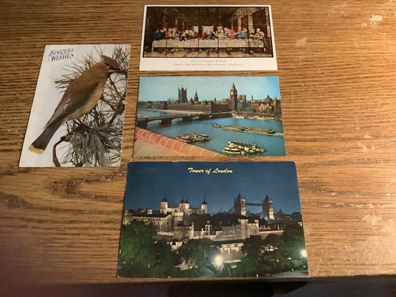 Post cards (4) Misc of London, the Last Supper & Wax Wing Bird