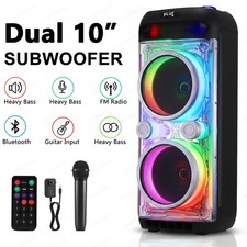 Portable Bluetooth Party Speaker 2x10in Woofer TWS LED Lights Mic Guitar Inputs