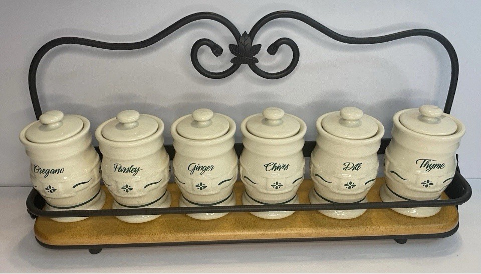 Longaberger WI Spice Rack+Hook Rack+4 Hooks+6 Green Heritage Pottery ...
