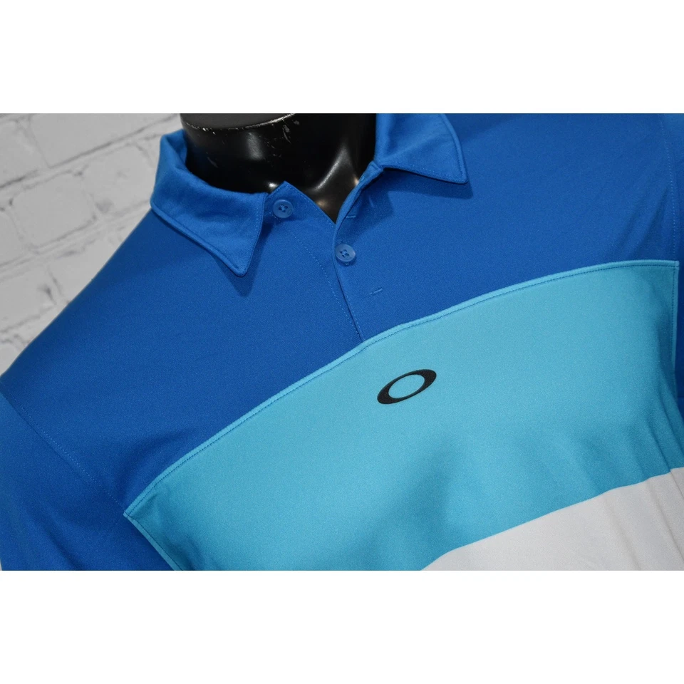 Polo de golf Oakley para hombre talla grande azul blanco rendimiento poliéster  Foto 2 de 4