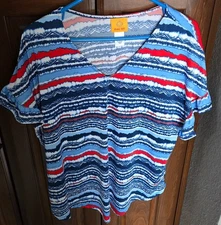 EUC - RUBY RD (M) Blue/White/Red Top - Polyester/Spandex  Sleeveless w/Ruffle