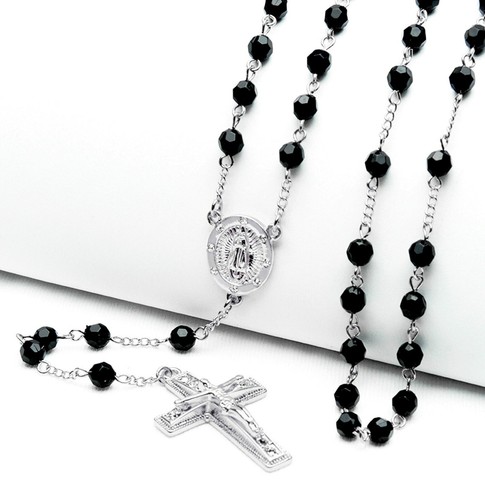 Rosary Black Bead Gold Silver Tone Guadalupe & Jesus Cross 28" Necklace HR 600 - Picture 2 of 8