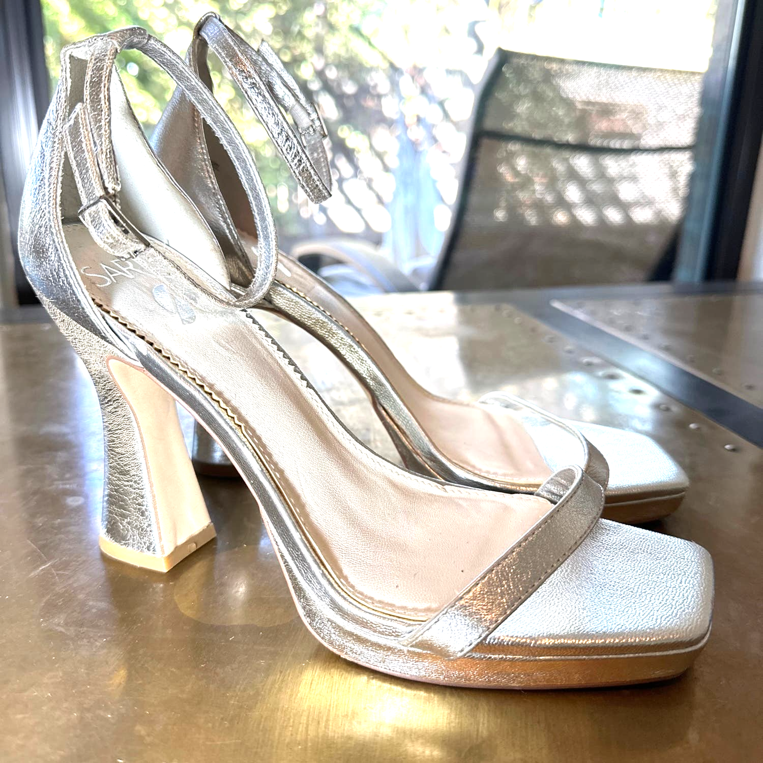 Sarto Womens Silver Platform Sandals with Square Toe and Block Heel Size 8